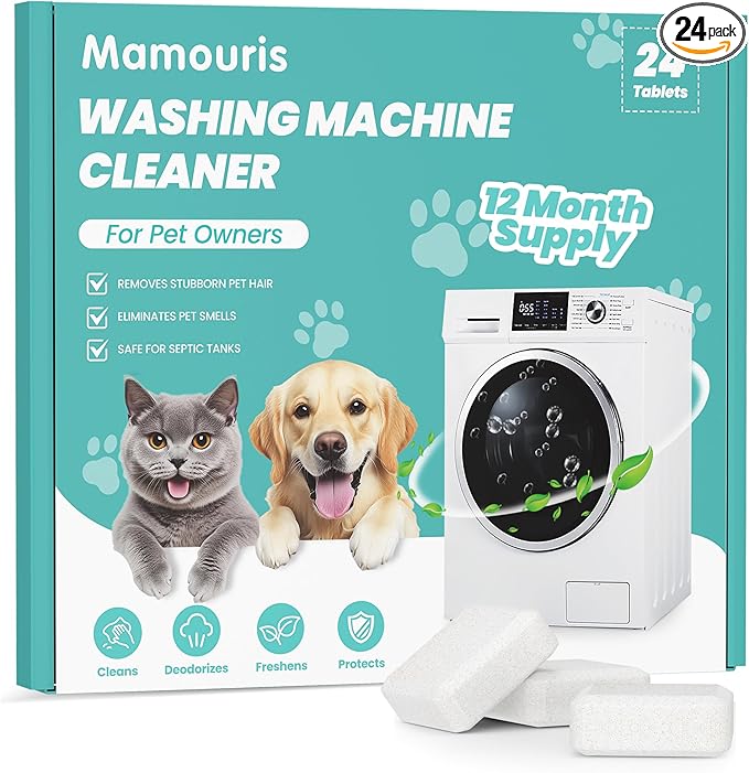 Washing Machine Cleaner Tablets: 24 Pack Deep Cleaning For HE, Front Loader & Top Load Washer, Removes Pet Hair, Odors, Formulated for Pet Owners, Septic Safe, 12 Month Supply, 11G