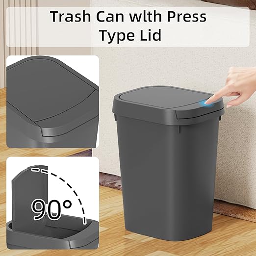 3 Pack Bathroom Small Trash Can with Lid, 2.6 Gallon Slim Garbage Bin with Pop-Up Lid, 10L Plastic Wastebasket for Bedroom, Office, Kitchen, Toilet (Gray)