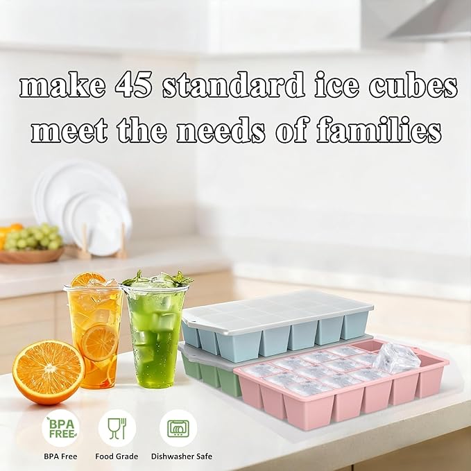 Silicone Ice Cube Tray, 3 Pack Easy-Release Stackable Ice Trays for Freezer with Lid 15 Reusable Cubes, Food Grade BPA Free Ice Molds for Whiskey, Baby Food, Coffee, Cocktail (Blue+Green+Pink)