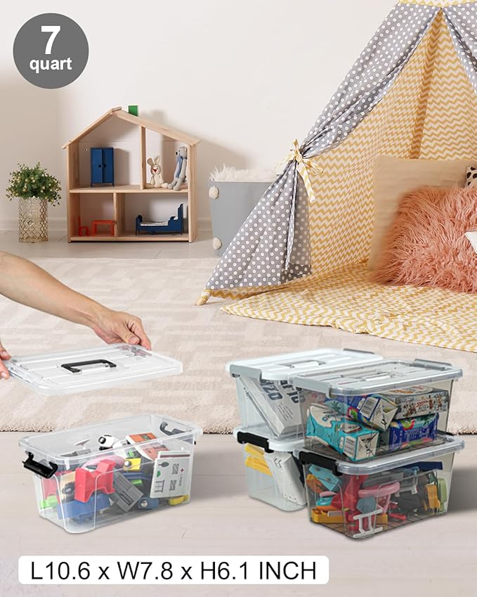 NUMIFUN Plastic Storage Bins With Lids 6 Pack Storage Organizer Bins, 7 Quart Stackable Storage Bins with Lids and Black Handle Buckle Easy for Home Office Organization, White Lids