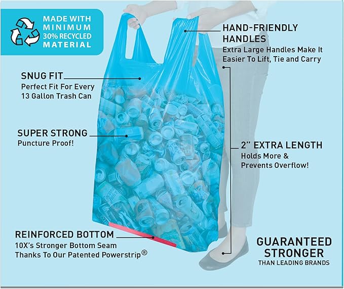 Hippo Sak 13 Gallon Blue Recycling Bags with Handles