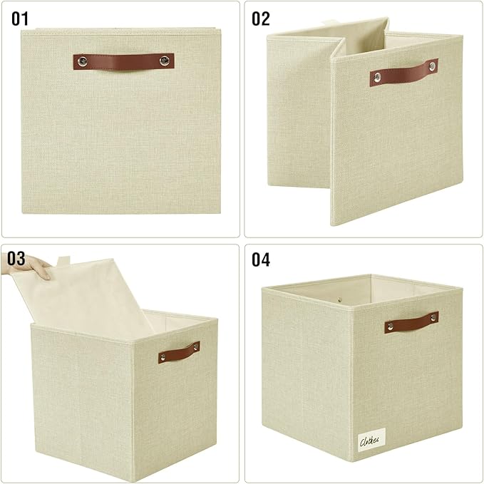 Collapsible Fabric Storage Cube Bins with 2 Reinforced PU Handles, Foldable Storage Organizer Baskets for Closet, Shelves, Living Room | 13"x13"x13", 4 Pack, Full Beige