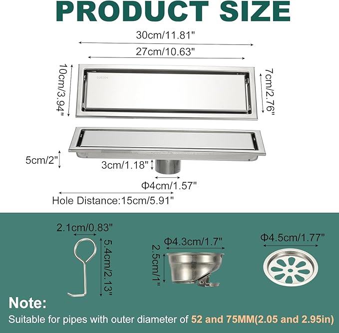 uxcell Rectangular Shower Drain, Brushed 304 Stainless Steel Odor-Proof Floor Drain Linear Shower Drain Hair Catcher for Bathroom Kitchen and Laundry Room(12 Inch, Brushed Silver)