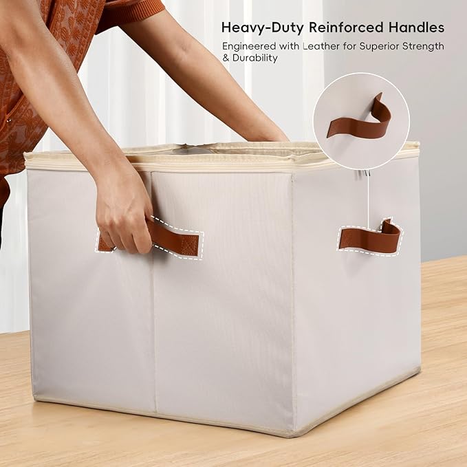 Shoe Organizer Box 2 Pack, Shoe Storage Organizer with Clear Cover, Adjustable Dividers Fits 16-32 Pairs, Fabric Shoe Organizer for Closet, Beige