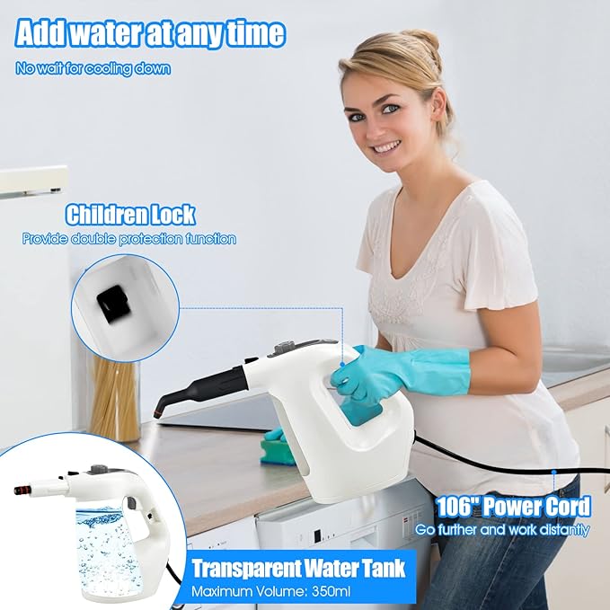 COSTWAY Handheld MultiPurpose Steam Cleaner with 17 Pieces, 350ml Large Capacity Steam Mop Continuous Fill water, Portable Chemical-Free Steamer for Home Use, Floors, Windows, 1400W, Grey