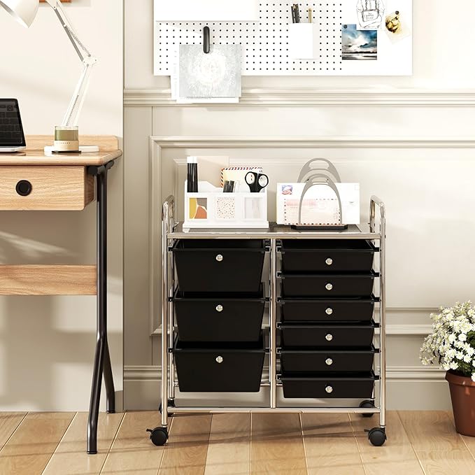 GOFLAME 9-Drawer Rolling Storage Cart, Mobile Utility Cart with Removable Drawers & Metal Frame, Art Craft Organizer Cart with Lockable Wheels, Storage Drawer Cart for Home Office School, Black