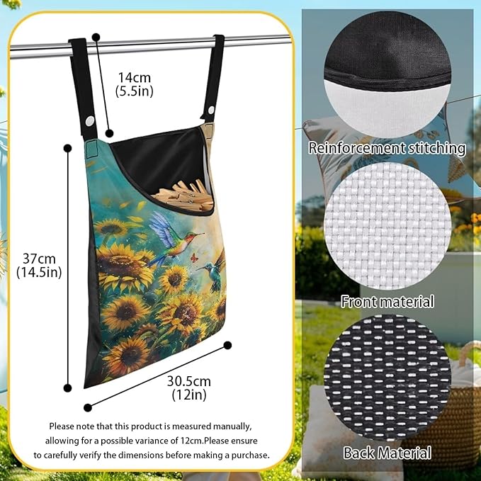 Clothes Pin Hanging Bag with Big Opening Storage Clothes Pins & Mini Clothespins，Hanging Laundry Bag Fits Retractable Clothes Line Outdoors（Hummingbird Sunflower）