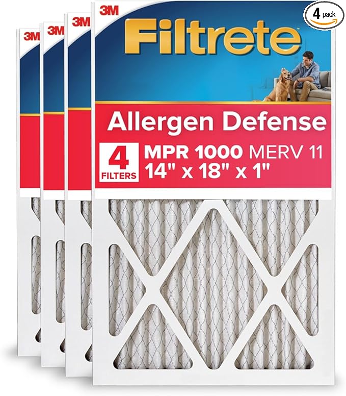 Filtrete 14x18x1 AC Furnace Air Filter, MERV 11, MPR 1000, Micro Allergen Defense, 3-Month Pleated 1-Inch Electrostatic Air Cleaning Filter, 4 Pack (Actual Size 13.81 x 17.81 x 0.81 in)