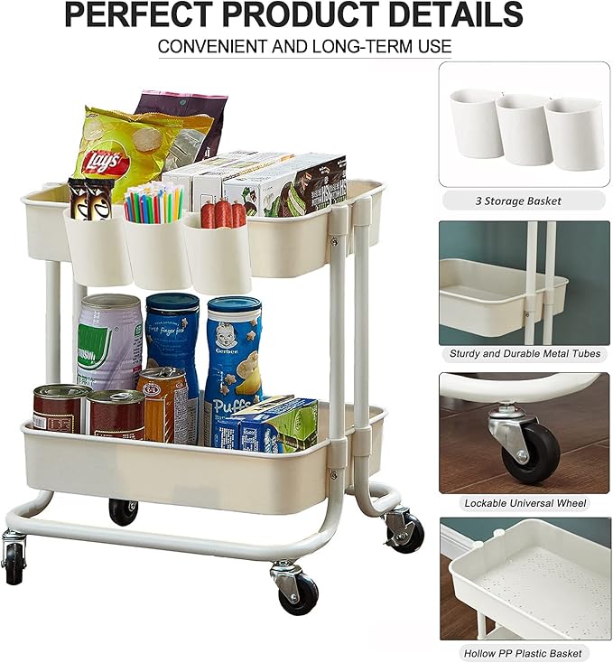 2-Tier Utility Rolling Cart Storage Sofa Side Table with Wheels, Mobile Trolley Organizer with for Office Home Kitchen Organization, Cream White