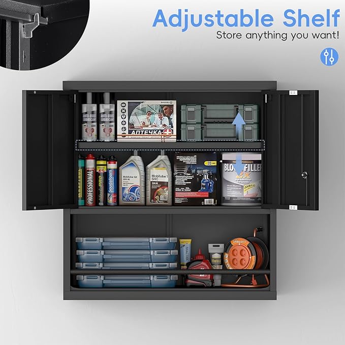 Locking Cabinet, Black Wall Storage Cabinet with Shelves, Hanging Cabinets with Open Storage, Small Wall Cabinet, Lockable Tool Cabinet for Basement, School, Office