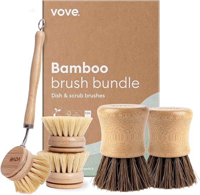 Vove Dish Brush Bundle - FSC-Certified Bamboo Dish Brush & Scrub Brush, 3 Replacement Heads - Natural Fiber Bristles - Non-Toxic, Plastic-Free Kitchen Set