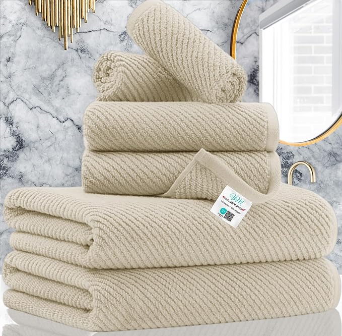VOOVA & MOVAS Bath Towel Sets - 100% Cotton | Quick Dry | Light Weight | Thick | Soft, Beige Towels Set of 6, 2 Large Bath 30" x 56", 2 Hand 18" x 28", 2 Washcloths 13" x 13", Tan Towel Gift Set