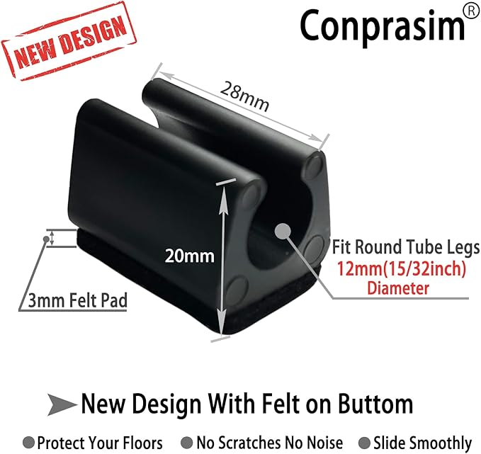 Rectangle U Shaped Chair Leg Tips Caps with Felt Pads,Furniture Feet Protector Slide Smoothly Glides No Scratches No Noise Protect Hardwood Floor,Fit 12mm(15/32inch) Diameter Tubular Leg (Black 24PCS)