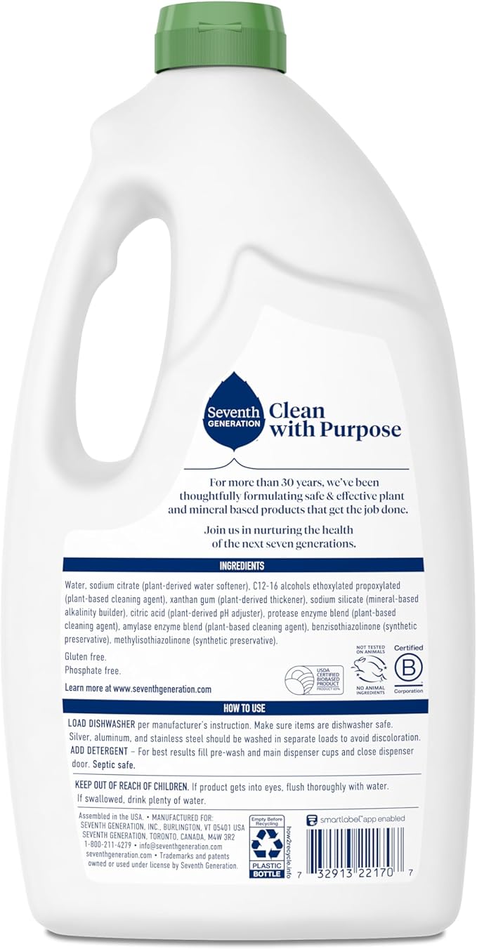 Seventh Generation Dishwasher Detergent Gel for Sparkling Dishes Free & Clear Fragrance Free 42 oz, Pack of 6