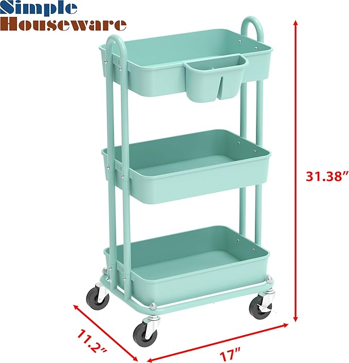 Simple Houseware 3-Tier Multifunctional Rolling Utility Cart with Hanging Bucket, Turquoise