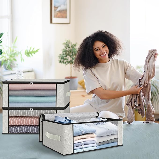 HomeHacks Storage 6-Pack Clothes Organizer Storage Bags Foldable Storage Box with Large Clear Window Sturdy Handles for Closet, Dorm, Pillows, Bedding, Clothes, Blankets, 35L, Ivory