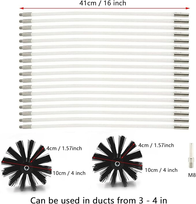 25 Feet Stove Pipe Clean Brush Extension Rods Flexible Fireplace Chimney Brush Stove Pipe Brush Rod Rotary Air Duct Dryer Vent Cleaner Rods Flue Brush Chimney Sweep Kit with Brush Head