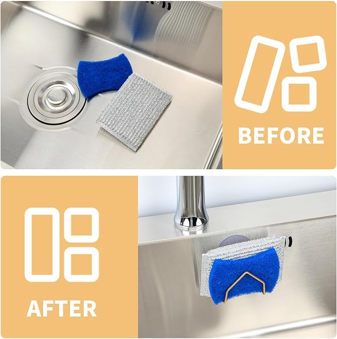 Snailhouse Sponge Holder for Kitchen Sink, 2 Pack Suction Cup Stainless Steel Rustproof Dish Sponge Rack Organizer Holder Basket Accessories, Gold