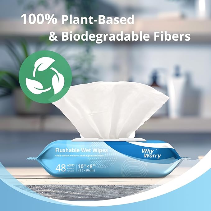 WhyWorry Flushable Wipes for Adults, Extra Large 8"x10" Butt Wipes for Toilet & Personal Cleansing, Chamomile and Vitamin E, 100% Plant-Based, Septic & Sewer Safe, Sea Incense, 144 Count (3 Packs)