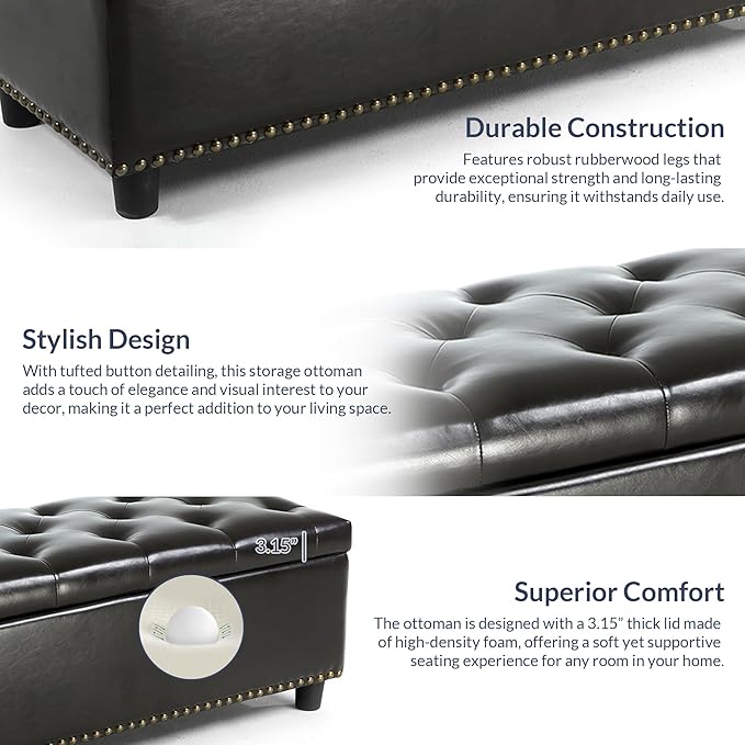 BELLEZE 47" Storage Ottoman, Storage Bench with Safety Close Hinge, Faux Leather Button-Tufted Ottoman for Living Room, Entryway, Hallway, Foot Rest, Support 300lbs - Dark Brown