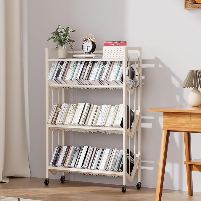 Book Carts 4 Tier 46.5x35.4x9.84 in Rolling Book Cart Large Capacity Bookshelf Storage Rack Mobile Book Storage with Wheels Cart for Home Office Living Room Classroom (White)