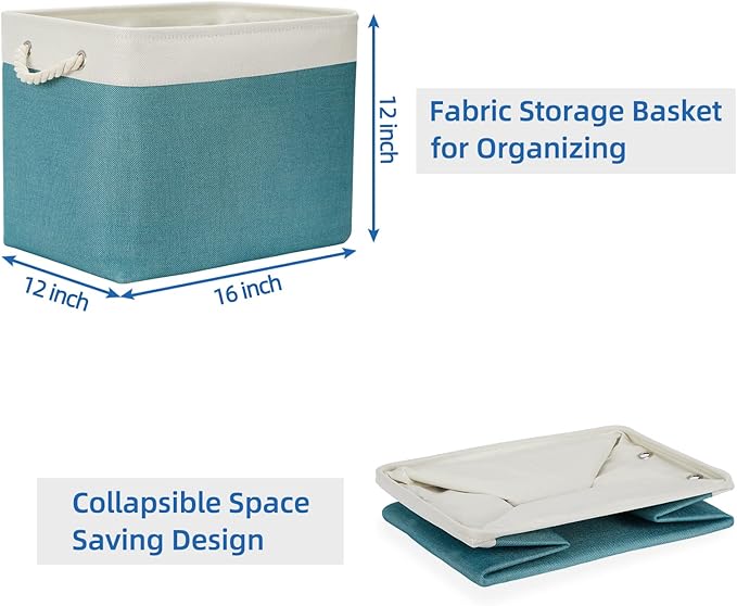 Temary Fabric Baskets Storage Baskets for Organizing 2 Pcs Decorative Baskets for Gifts Empty Collapsible Storage Bins for Home Closet(White&Teal,16Lx12Wx12H Inches)