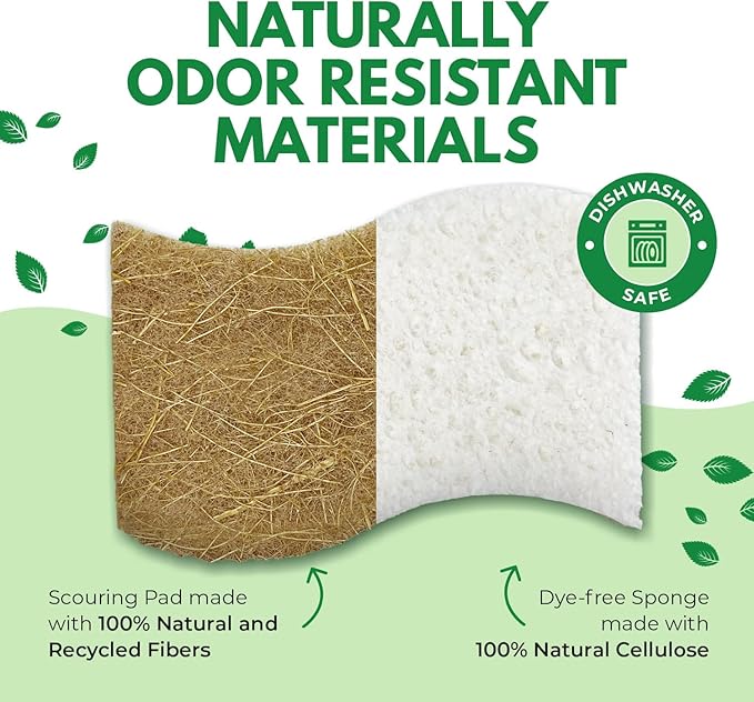 Biodegradable Natural Kitchen Sponge - Compostable Cellulose and Coconut Walnut Scrubber Sponge (6 Pack)