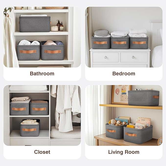 Large Storage Baskets for Shelves 3 Packs, Fabric Storage Bins for Shelves with Handles, 11.8'' L ×7.8'' W × 5.1'' H Collapsible Baskets for Organizing Clothes, Toy, Grey