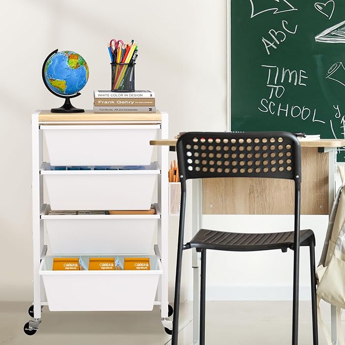 Rolling Cart with Drawers, Rolling Storage Cart with 4 Large Plastic Drawers & Wooden Tabletop, Utility Cart with Pegboards & Basket, Storage Drawers Cart for Living Room, Classroom, Bedroom, Office