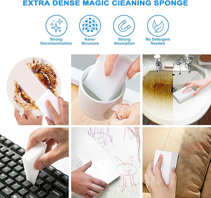 10Pack Melamine Sponges for Multi-Purpose Cleaning - Tough, Durable Magic Sponge Erasers for Use on Sinks, Kitchen, Bathrooms, Walls, Floors, Bathtubs, Shoes, Furniture, Cars - Won't Rip Easily.