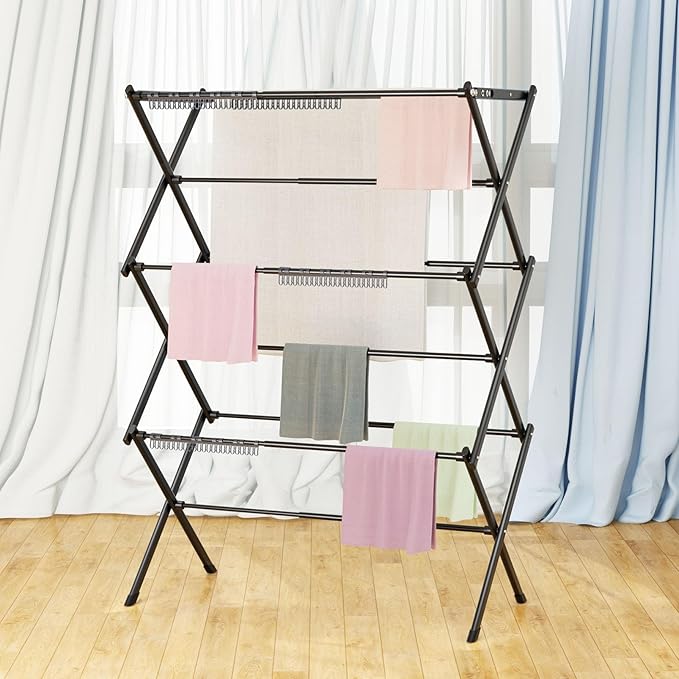 3 Tier Clothes Drying Rack,Foldable & Portable Clothing Drying Rack,Space-Saving Design, Indoor & Outdoor Laundry Rack for Drying Clothes,Metal Dryer Rack，Pure Black