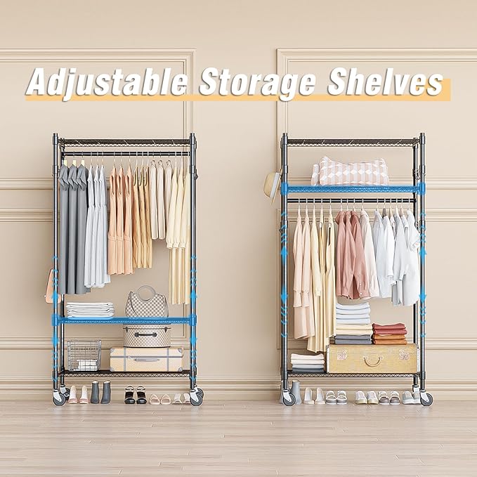 Homdox Heavy Duty Clothing Rack with 3 Tier Adjustable Wire Shelves, Garment Racks for Hanging Clothes, Double Rods Clothing Rack, Freestanding Closet Wardrobe with Side Hooks, Black