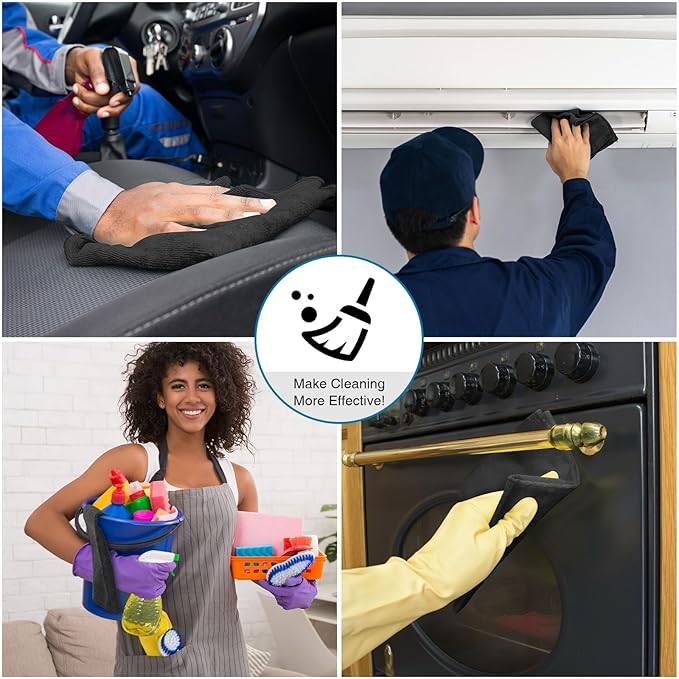 200 Pieces Microfiber Cleaning Cloths Bulk Absorbent Microfiber Towels Reusable Lint-Free Streak Free Wash Rags for House Kitchen Office Restaurants Bar Shop Car, 12 x 12 Inches (Black)