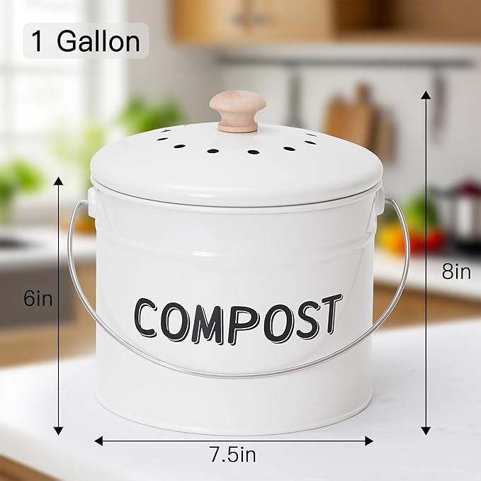 Compost Bin for Kitchen Counter, 1 Gallon Compost Bucket with Lid and Charcoal Filter, Countertop Composter, Rust Proof Indoor Food Waste Bin, White