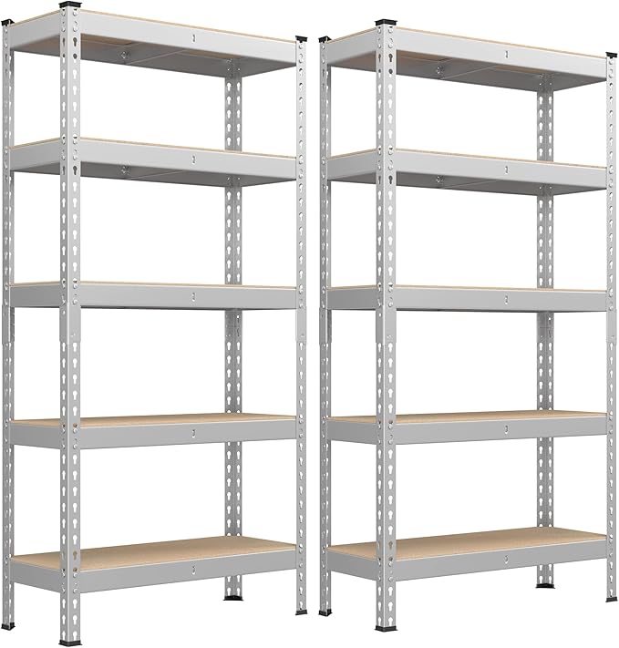 SONGMICS 5-Tier Storage Shelves, Load 2310 lb, Set of 2 Garage Storage, Boltless Assembly, Adjustable Shelving Unit, 11.8 x 29.5 x 59.1 Inches, for Study Shed Basement, Silver UGLR300E02