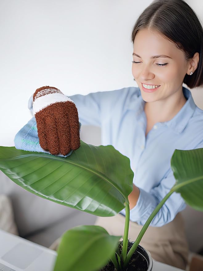 Patelai 3 Pairs Microfiber Plant Dusting Gloves Leaf Cleaning Gloves for Indoor Plants, Blinds, Furniture, House(Medium,Gray, Orange, Brown)