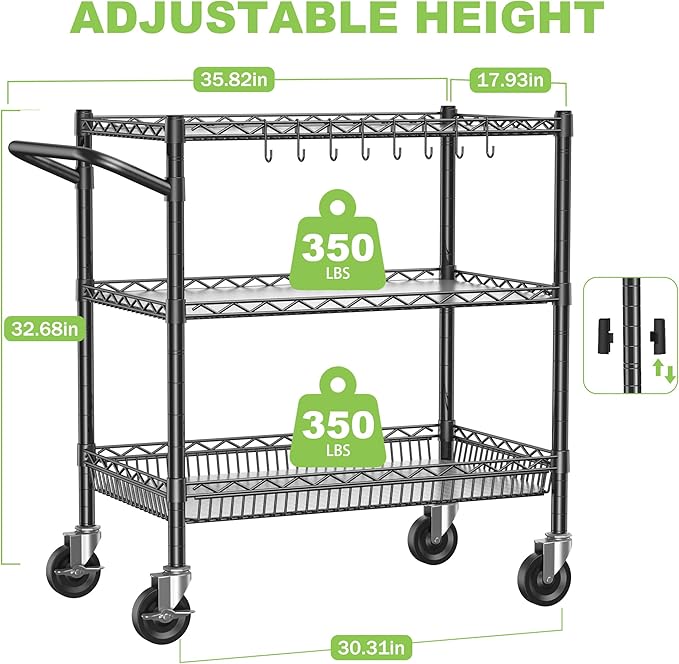 3 Tier Metal Cart with Wheels, Heavy Duty Utility Rolling Cart 1050lbs, Commercial Grade Kitchen Trolley with Handle Bar&Shelf Liner, Mobile Steel Wire Trolley for Warehouse Garage Kitchen
