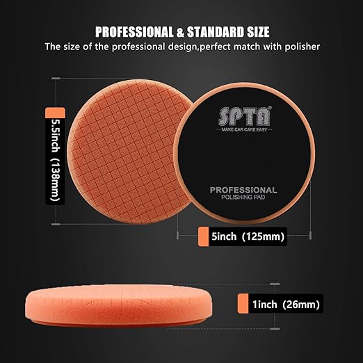 SPTA Orange Light Cut Pad, Buffing Polishing Pads, 3Pcs 5.5 Inch Face for 5 Inch 125mm Backing Plate Compound Buffing Sponge Pads for Car Buffer Polisher Compounding, Polishing and Waxing -X00224Y6O3
