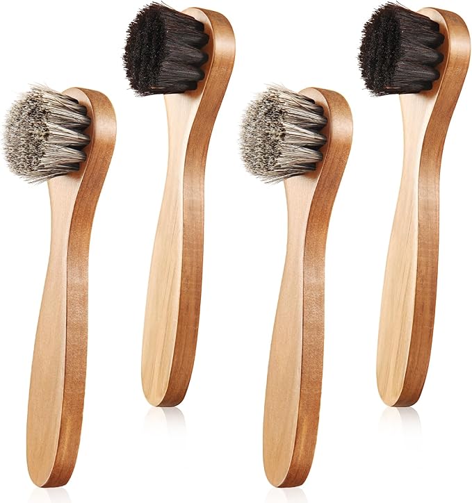 4 Pcs Horsehair Shine Shoes Brush Kit Polish Dauber Applicators Cleaning Leather Shoes Boots Care Brushes Suede Cleaner Brush with Microfiber Shoe Cloth(Wooden Handle B)