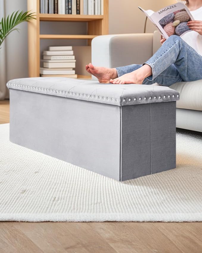 Velvet Storage Ottoman Bench, 43.3" Folding Ottoman with Rivet Trim, Heavy-Duty Upholstered Entryway Bench, Sturdy Footrest and Seat for Bedroom, Living Room, Holds up to 660 LBS, Grey