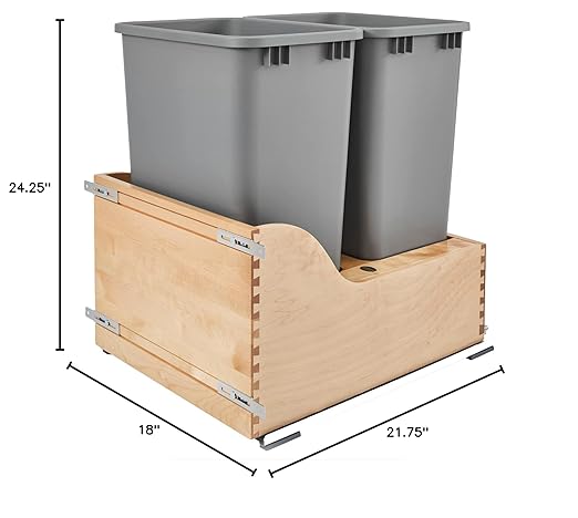 Rev-A-Shelf Pullout Trash Cans for Kitchen Cabinet, Dual 50 Qt Bins with 18" Wood Frame - Large Garbage Bin Containers for Home Waste Storage and Recycling