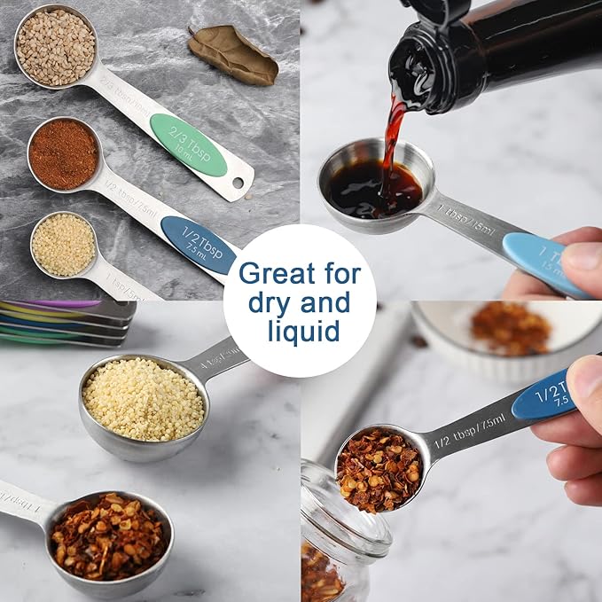 Magnetic Measuring Spoons Set of 9 Stainless Steel Stackable Measuring Spoons Heavy Duty Nesting Teaspoons Tablespoons for Measuring Dry and Liquid Ingredients
