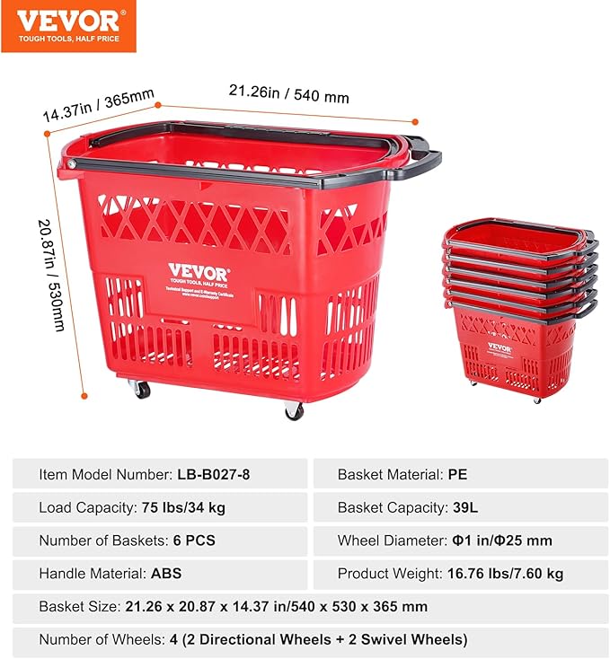 VEVOR Shopping Carts with Handles, 6PCS, 39L Plastic Rolling Shopping Basket with Wheels, Large Portable Shopping Basket Set for Supermarkets, Retail Stores, Grocery Shopping, Red