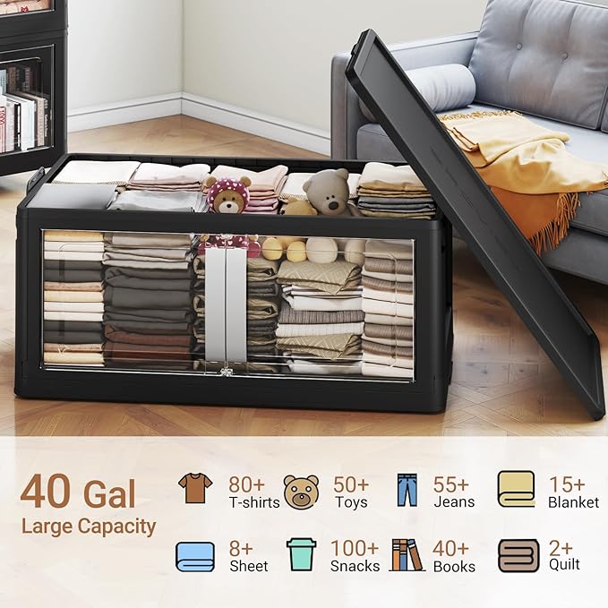 BROVIEW 160QT Stackable Storage Bins with Lids, 40Gal Extra Large Collapsible Storage Box with Wheel, Plastic Storages with Clear Door Open Front for Home Kitchen Garage, Black-1pack