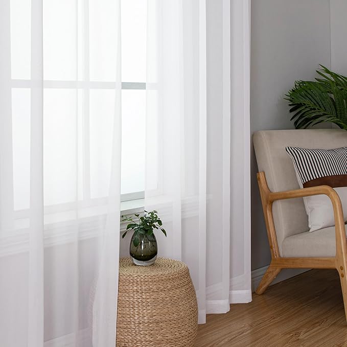 Chyhomenyc White Sheer Curtains 63 Inch Length 2 Panels Set, Light Filtering Rod Pocket Window Curtain Treatment Drapes for Bedroom Living Room, Each 42Wx63L, Set of 2, White
