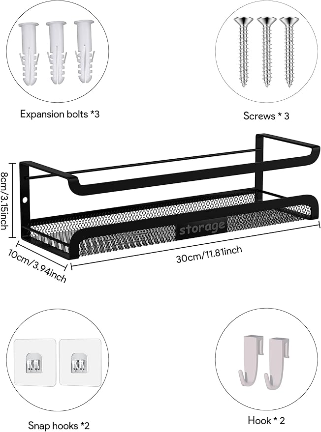 Spice Rack Wall Mount with Hooks - Spice Racks Organizer for Cabinet Storage, Wall Mounted Hanging Shelf Seasoning Organizer, for Kitchen, Pantry Door, Bathroom (Black, 2 Pack)