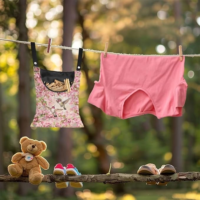 Hummingbird and Cherry Blossom Clothespin Storage Bag, Space-Saving Organize Clothespin Bag with A Large Opening for Clothesline Outdoor