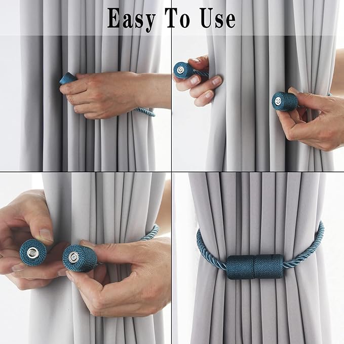 2 Pack Strong Magnetic Curtain Tiebacks Outdoor Elegant Decorative Tie Backs Modern Rope Tiebacks for Drapes Window Curtain Holdbacks for Draperies- Blue
