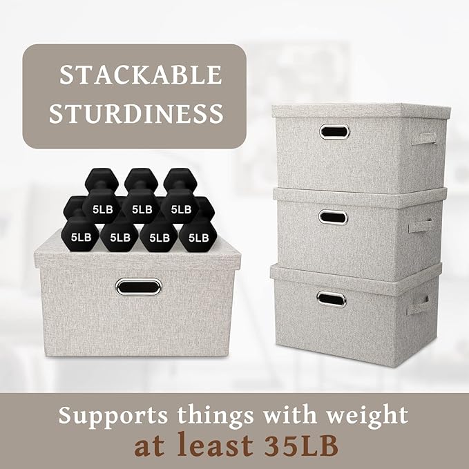 Medium 15" 21 Quart Collapsible Stackable Storage Bins with Lids, 5 Packs Beige Foldable Fabric Closet Boxes Heavy-duty Linen Cube Baskets Container for Bedroom Office (15 x 11 x 8)