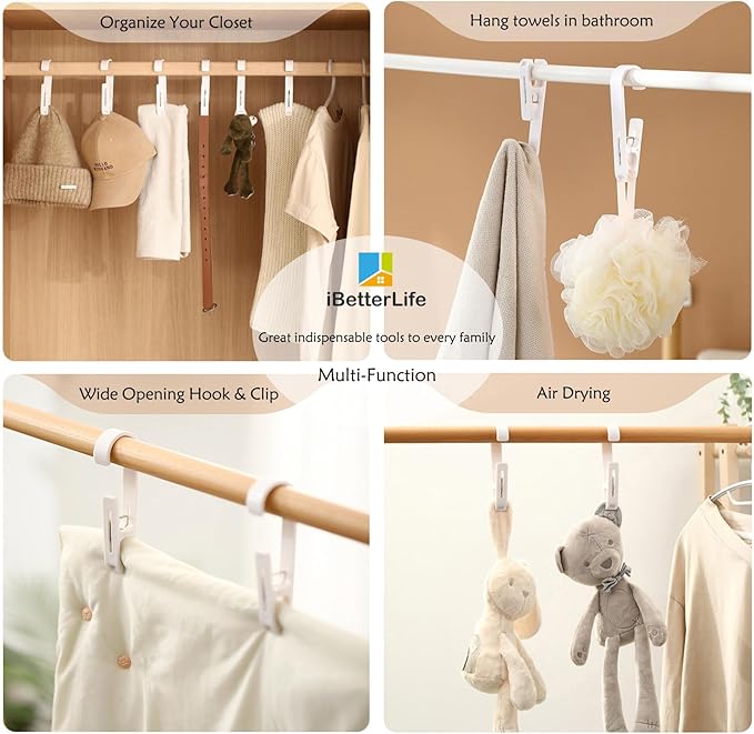 iBetterLife Clothes Pins Heavy Duty Outdoor - 8Pcs Large Laundry Hook Hangers with Clips Closet Organizer Clamps Hanging Socks Boot Bras Towels Shower Pegs for Bathroom Wardrobe Kitchen Office, Gray